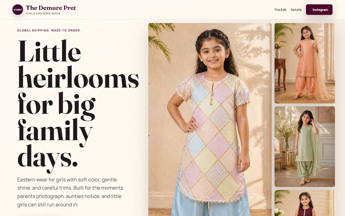 The Demure Pret website, first screen: 'Little heirlooms for big family days' beside product photography