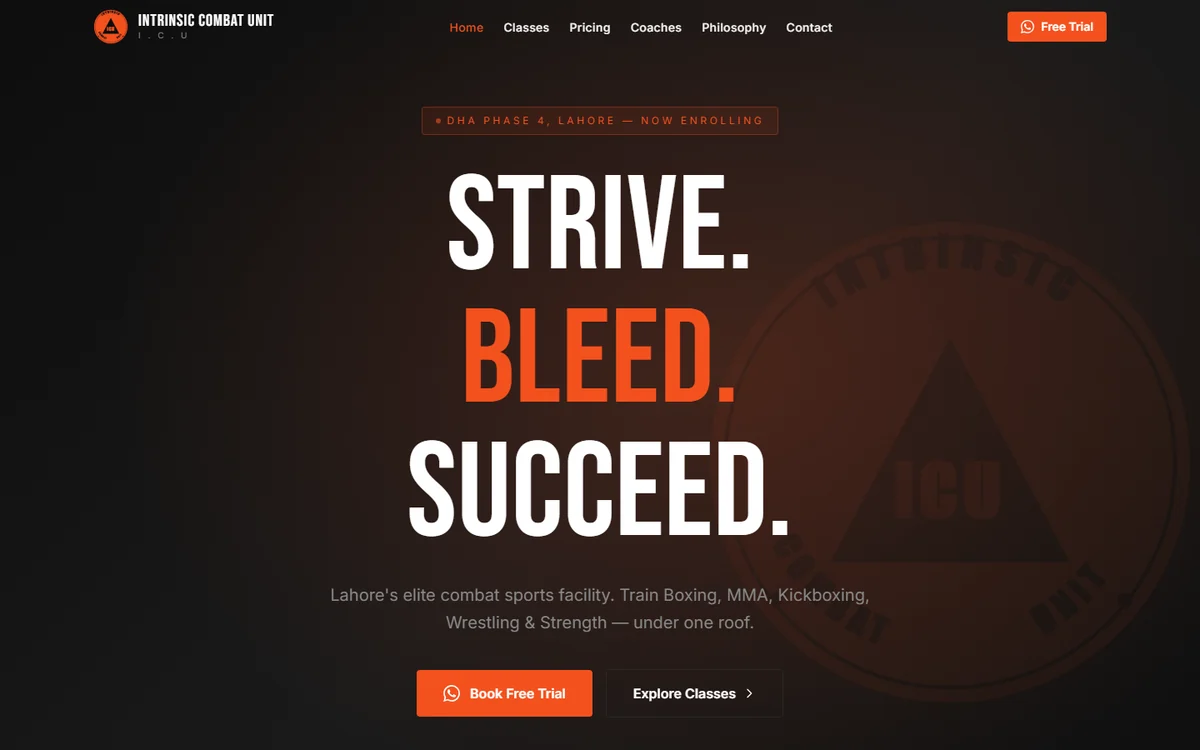 Intrinsic Combat Unit website, first screen: 'Strive. Bleed. Succeed.' with a free-trial button