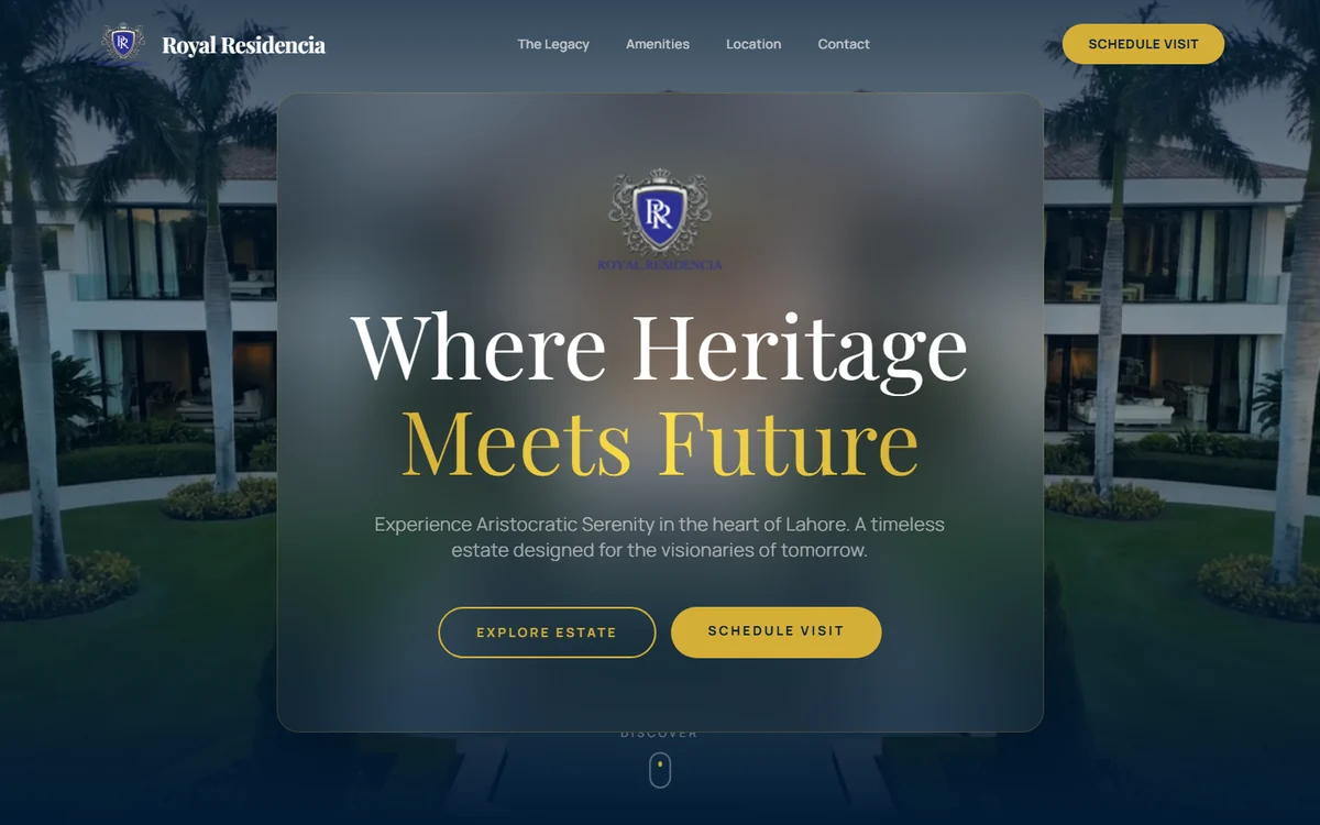 Royal Residencia website, first screen: 'Where Heritage Meets Future' over the estate at dusk